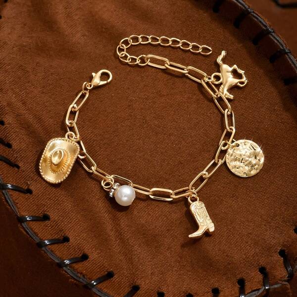 سوار قلادة بتصميم قبعة وحذاء كاوبوي للنساء، بتصميم غربي رجعي، غير متماثل، مزين بخرز اللؤلؤ الاصطناعي والعملات والخيول، سلسلة ورقية أنيقة، هدية مجوهرات عصرية لحفلات العطلات والمناسبات الريفية