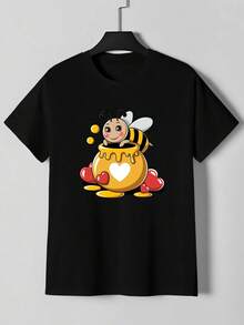 Men'S Cute Bee Hugging Honey Pot Graphic T-Shirt - Black Casual Summer Tee With Adorable Cartoon Bee & Honey Pot Design, Lightweight Breathable Round Neck Short Sleeve Shirt For Casual Attire, Playful Design, Comfortable Fit - 黑色 - 查看 1