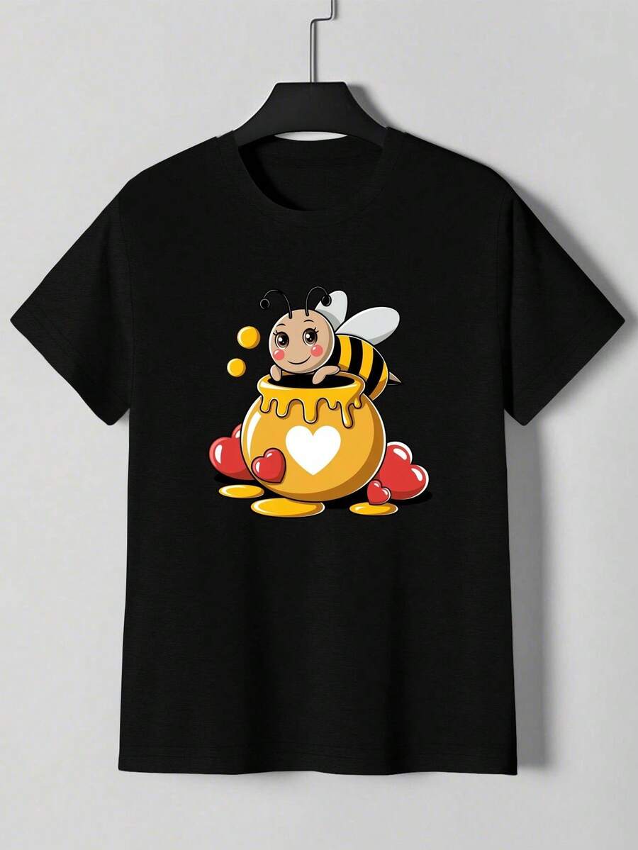 Men'S Cute Bee Hugging Honey Pot Graphic T-Shirt - Black Casual Summer Tee With Adorable Cartoon Bee & Honey Pot Design, Lightweight Breathable Round Neck Short Sleeve Shirt For Casual Attire, Playful Design, Comfortable Fit - 黑色 - 查看 1