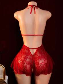 Sexy Lingerie, Open Crotch Design, Lace Skeleton Jumpsuit, Elegant Women's Jumpsuit, Bed Seduction Clothes, Passion Robe Fashionable Deep V Semi Transparent Sexy Ruffle Edge Jumpsuit - Red - View 3