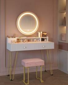 HEXCELEN Dressing Table With Stool And Lighting, Dressing Table With Mirror, 40 * 90 * 140 Cm, Dressing Tables With Drawers, Pink Upholstered Stool, Bedroom, Modern, Matte White And Gold - Phích cắm loại C của EU (220-240V) - Xem 3