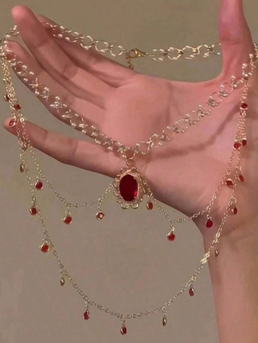 1pc Bohemian Style & Elegant Emerald Green Pendant Necklace For Women, Faux Pearl Oval Pendant Necklace With Sparkle Design, Suitable For Party, Casual Wear And Gift Giving - Ngọc trai - Xem 1