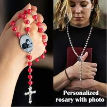 1pc Personalized Photo Rosary Beads Necklace, Catholic Rosary Bead Necklace With Custom Photo, Memorial Rosary Bead Christian Cross Necklace,Jewelry & Watches,Season Picks,Custom Name Stainless Steel Necklace, Personalized Nameplate - Multicolor - View 3