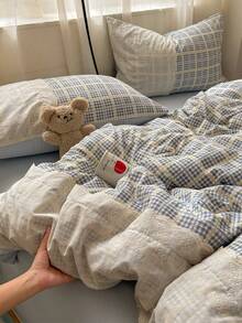 3/4pcs Soft & Comfortable Bedroom Bedding Set, Lace Trim, Light Blue Plaid Pattern, High-Quality, Includes 1 Duvet Cover, 1 Bed Sheet, 1/2 Pillowcases, No Filling, Suitable For Bedroom, Dorm, Home Use, Multiple Sizes Available - Light Blue - View 3