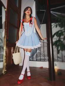 Women's Vintage Plaid Print Mini Corset Dress Halloween Chirsmas Costume Sleeveless Tank Dress Cosplay Outfit For Holiday Party - Màu xanh lam - Xem 1