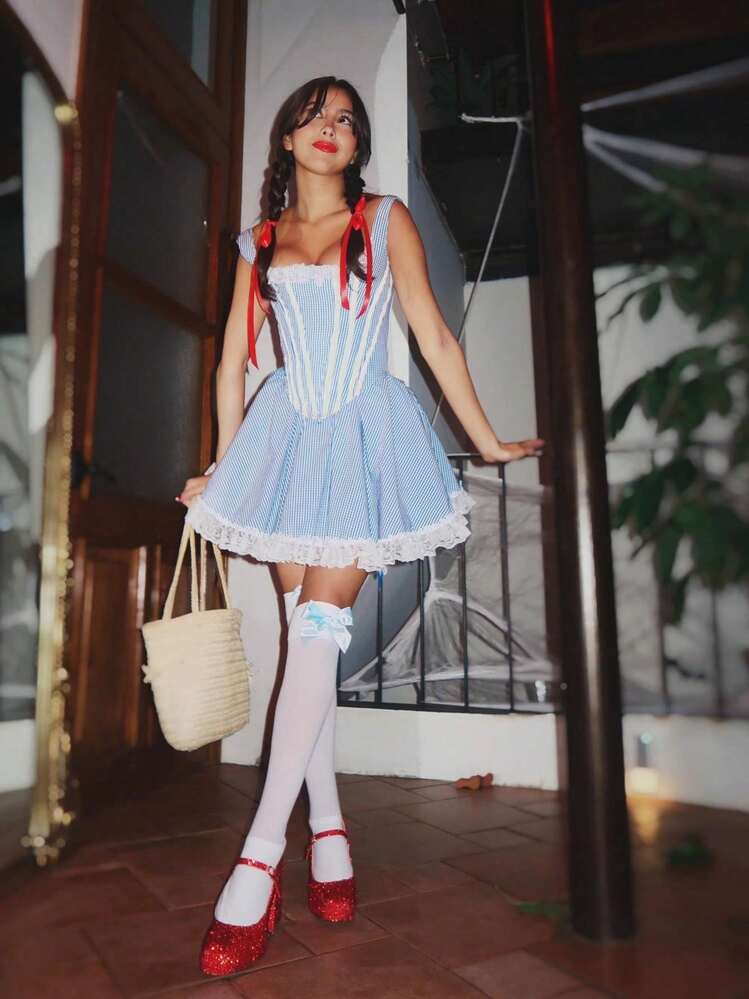 Women's Vintage Plaid Print Mini Corset Dress Halloween Chirsmas Costume Sleeveless Tank Dress Cosplay Outfit For Holiday Party - Màu xanh lam - Xem 1