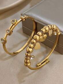 18K Gold Plated Stainless Steel Luxury Elegant Heart & Diamond Accent Bangle Bracelet Set For Women, Sweet Romantic Jewelry Mom Gift Christmas Thanksgiving Halloween Wedding Rave/Prom/Party/Daily Accessories Gift For Anniversary Valentine's Day Boho Jewelry Birthday Bridesmaid Gifts