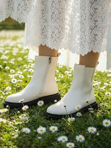 Giày bốt cổ ngắn đế dày thời trang đa năng cỡ lớn mùa thu/đông - trắng - Xem 5