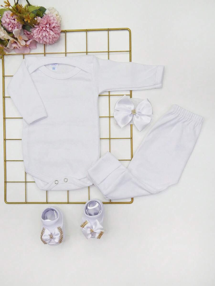 4 Piece Set Long Sleeve Bodysuit With Booties, Hairband And Ribbed Knit Pants / Baby Girl Set With Booties And White Hair Bow - 白色 - 查看 1