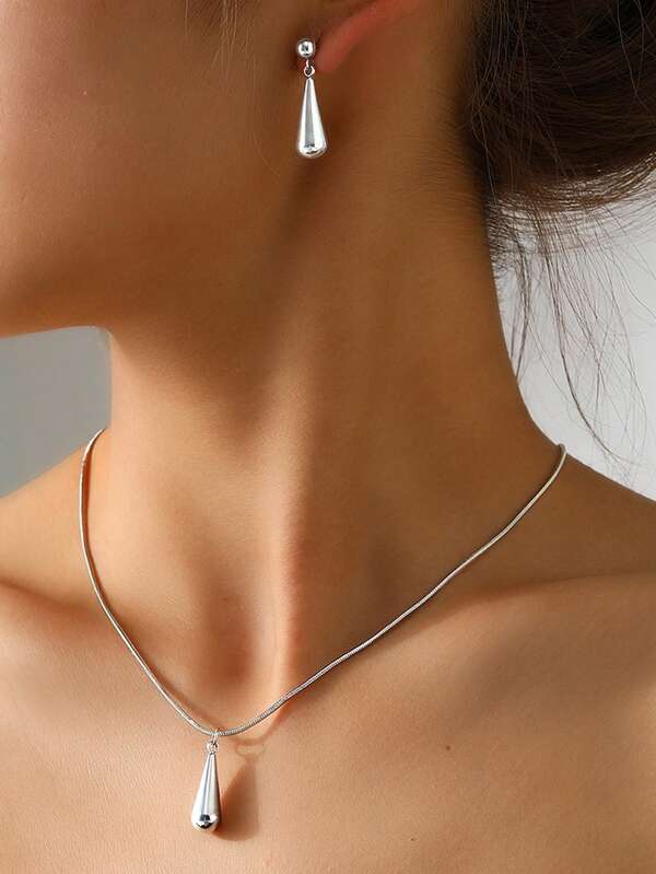 1 Set di collana con pendente ovale e a goccia d'acqua placcato oro, orecchini a perno in stile semplice e alla moda in acciaio inossidabile, adatto per uso quotidiano e occasioni formali delle donne