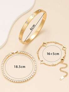 1 件时尚四叶草锆石不锈钢女士手链套装，适合日常佩戴、情侣约会、多场合搭配和送礼 - 金黃色 - 查看 6