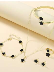 Conjunto de 5 joias de liga com design de flores da sorte, presente moderno para mulheres, pulseira de cristal de cura, promove a cura energética espiritual, adequada para uso diário, presente ideal para família, esposa ou parceira