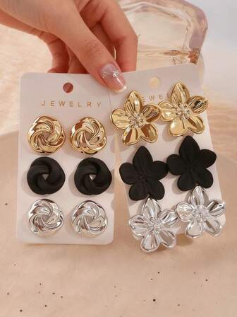 1/3/6 对经典时尚金色、银色、黑色花朵、几何、菱形耳钉套装，适合女性日常和节日佩戴