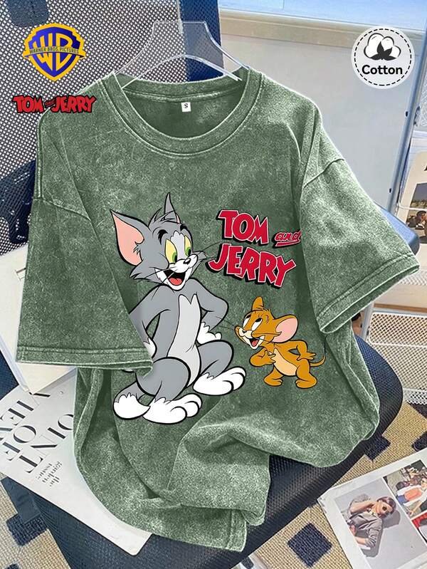 Warner Bros LILL, Autumn Women's Tom And Jerry Pattern T-Shirt Tops, Slightly Elastic Fit Washed And Distressed Cotton Green Round Neck Short-Sleeved T-Shirt, Casual Daily Street T-Shirt Tops