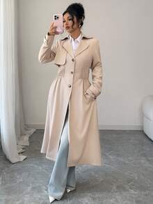 Women's Solid Color Revere Collar Fashion Commuter Waist Cinched Single-Breasted Pocket Long Trench Coat