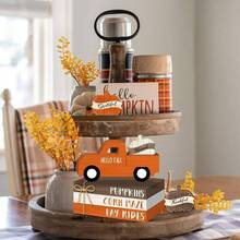 8 Pcs Fall Table Decorations Pumpkin Tiered Tray Decor, Farmhouse Wood Faux Book Stack Truck Sign Rustic Pumpkins Centerpiece Home Kitchen Shelf Autumn Harvest Thanksgiving