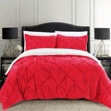 Elegant Comfort Ultra Soft 3pcs Pinch Pleated Pintuck Microsuede Fleece Reversible Sherpa Comforter Set With Shams, Cozy Warm Breathable, Easy Care Quilt Comforter Sets, Full/Queen, King/California King Size Bed For All Seasons, Christmas Decorations Gifts, Cozy Winter Styles, Holiday Décor - 紅色 - 查看 2