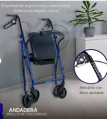 Andadera  135 KILOS Rollator Plegable Con Asiento Frenos Chicote Ruedas Giratorias Todo Terreno Adulto Altura Ajustable Respaldo Acojinado Bolsa Porta Objetos Medical Store - Azul - Ver 2