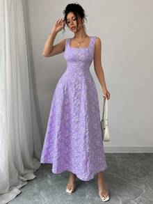Elegant And Exquisite Jacquard Dress With Wide Straps, Floral Texture, Mid-Length, Slim-Fit, Casual Style For Vacation - Xem 5