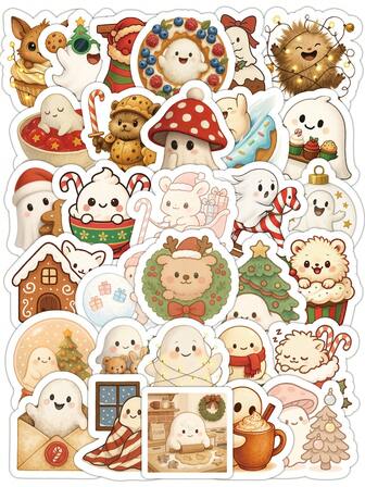 54 pièces Autocollants mignons Kawaii fantômes et animaux thème Noël, décalcomanies festives de vacances pour ordinateur portable, bouteille d'eau, journal, scrapbooking, fournitures d'artisanat DIY, cadeaux et décorations de fête de Noël