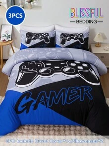 Bộ chăn ga gối đệm tay cầm chơi game chắp vá 3 món màu xanh-đen-xám/đỏ-đen-xám, bao gồm 1 vỏ chăn và 2 vỏ gối, vải sợi nhỏ mềm mại, thích hợp cho phòng ngủ, ký túc xá (trai/gái) hoặc khi đi du lịch - Nhiều màu - Xem 1