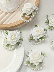  4/6pcs Elegant White Rose Wrist Corsages With White Gypsophila And Faux Pearl Chains, Beautiful Floral Decorations With Green Leaves, Durable And Comfortable To Wear, Perfect Wedding Accessories For Bride, Bridesmaids, Mother-In-Law, And Guests, Ideal For Prom, Anniversary, Dinner Dance, Engagement, Or Formal Events, Romantic Party Favors And Elegant Gift Choice For Women Girls Valentine's Day Accessories