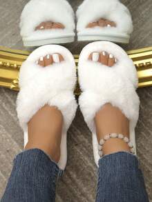 Women's Fashionable Fluffy Slippers, Cross Striped Fluffy Slippers, Soft And Lightweight Indoor Home Slippers, Quiet Carpet Slippers, Open Toed Slippers - White - View 11