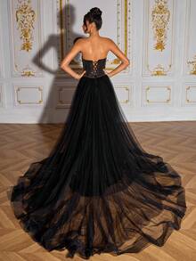 IBTRLY 新款奢华优雅黑色3D立体珠绣网纱拼接高开衩长款礼服，适合宴会、派对、生日、情人节等场合（重工装饰） - 黑色 - 查看 3