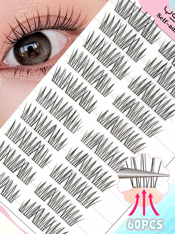YSDO 60pcs Self-Adhesive C-Curl Natural Looking Faux Mink Eyelashes, 8-13mm Soft Thin Stem Segmented Lashes Extension, Suitable For Girls Daily Home DIY Makeup, Wear Without Glue