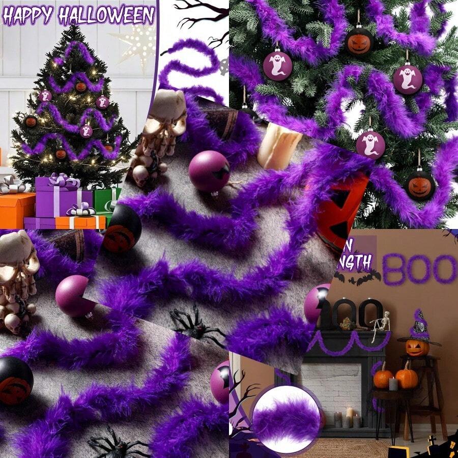 Riceshoot 3 Pcs 20 Ft Halloween Garland Decorations Dark Purple Halloween Tree Hanging Garland Faux Feather Decorations For Fall Autumn Birthday Holiday Indoor And Outdoor Party Supplies - 深紫色 - 查看 1