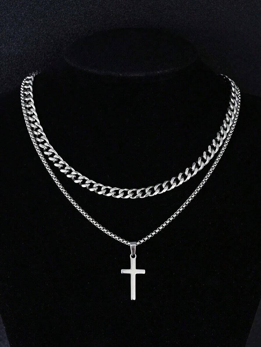 1-7pcs Minimalist Stainless Steel Cross Chain Necklaces, Casual Daily Wear, Date, Party, Birthday, Christmas, New Year, Valentine's Day Holiday Gift - bạc - Xem 1