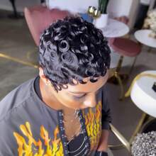 女士短假发,真人发丝,13x4x1 T型蕾丝前额假发,卷曲波浪精灵短发假发,99J、1B,适合,易于佩戴,层次感精灵短发假发,带刘海,真人发丝,日常佩戴,情人节礼物,女士卷曲精灵短发假发 - 彩色 - 查看 8