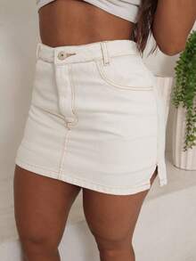Shorts And Jeans Skirt With Side Opening - Creme - View 4