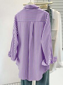 女士休闲基础款条纹尖领长袖衬衫，带纽扣口袋，适合日常办公穿着，秋冬春季皆宜 - 紫色 - 查看 3
