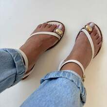 Women's Flat Sandals With Embellished Details, Pink Toe, Elegant, Blogger, Luxury, Tropical, Outdoor, Buckle - 白色 - 查看 5