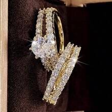 2 piezas Anillos de compromiso de lujo para mujer, glamorosos chapados en oro de 14k con brillante circonita cúbica sintética, perfectos para bodas y fiestas, regalo ideal para un ser querido - Dorado - Ver 2