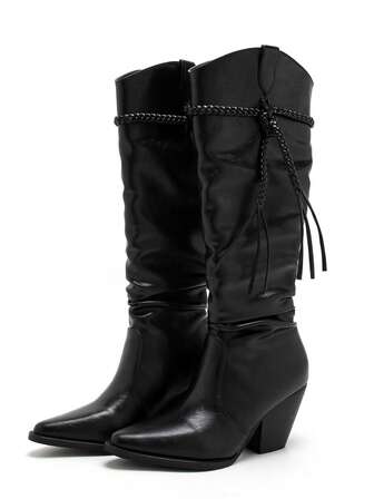 Women's Elastic Over-The-Knee Boots, Pointed Toe Chunky Heel, Slip-On, Fashionable Casual Folding Tall Boots, Black Riding Boots