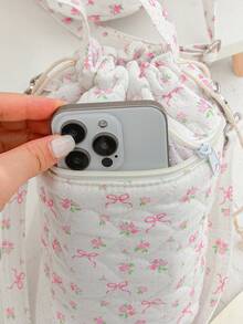 1 szt. pikowana okrągła torebka na ramię, torebka typu wiadro, śliczna okrągła torebka, przenośna torba podróżna na butelkę z wodą, torba na ramię z kieszenią na telefon, uchwyt na butelkę z wodą, torba podróżna na ramię z kwiatowym wzorem i kokardą, z odpinanym paskiem na ramię, śliczna okrągła torebka do podróży, codziennego życia, biura, nauki, na zewnątrz, do pracy, prezent urodzinowy, prezent dla przyjaciela - Wielokolorowe - Zobacz 6