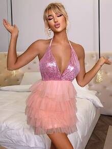 Women's Sequin Contrast Mesh Halter Neck Summer Dress - Baby Pink - View 5