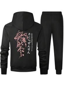 男士加大码日式樱花与文字印花休闲连帽卫衣 + 运动裤套装，秋冬 - 黑色 - 查看 3