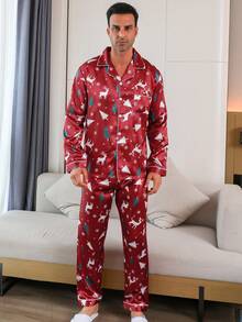 Christmas Themed Printed Men's Two Pieces Sets Satin Lapel Long Sleeved Top And Pants Pajama Set Suitable For All Seasons, Fall Clothes