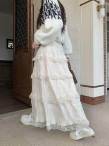 2026 Spring Women's French Lace Layered Brushed Ruched Ruffled Hem Flared Skirt - Apricot - View 6