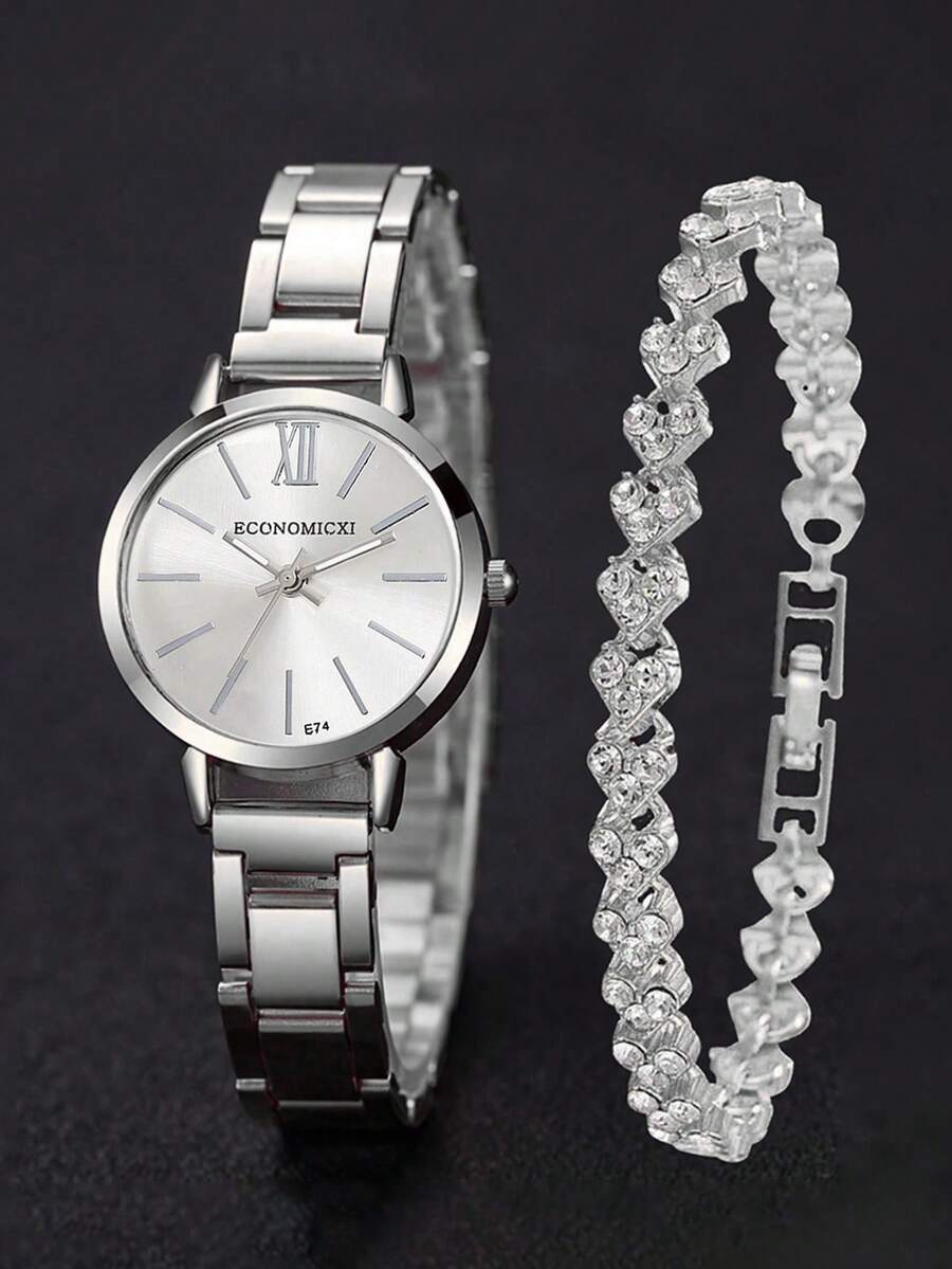 1pc Graduation Digital Small Disc Girls Steel Strap Watch And 1pc Bracelet Jewelry Set For Ladies - Silver - View 1
