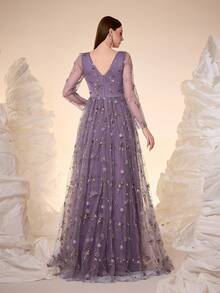 Mgiacy,New Arrival,V Neck,Party Perfect Floor-Length Bridesmaid Dress With Deep V Neck, Long Sheer Sleeves, And Intricate Lace Floral Embellishments With Ruched Bust