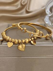 18K Gold Plated Stainless Steel Luxury Elegant Heart & Diamond Accent Bangle Bracelet Set For Women, Sweet Romantic Jewelry Mom Gift Christmas Thanksgiving Halloween Wedding Rave/Prom/Party/Daily Accessories Gift For Anniversary Valentine's Day Boho Jewelry Birthday Bridesmaid Gifts