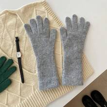 2024 Guantes elásticos de dedos completos para mujeres, guantes largos de lana de conejo, manoplas de invierno para mujeres, manoplas de color sólido, guantes gruesos y cálidos - Gris - Ver 15