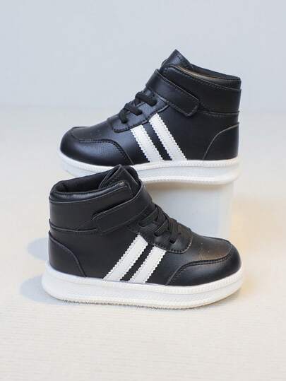 Boys' Canvas High-Top Sneakers, Children's Casual High-Top Sports Shoes, Suitable For All Seasons, College Style PU Upper, Relaxed High-Top Shoes, Line Decor, Round Toe Fasteners, Solid Color