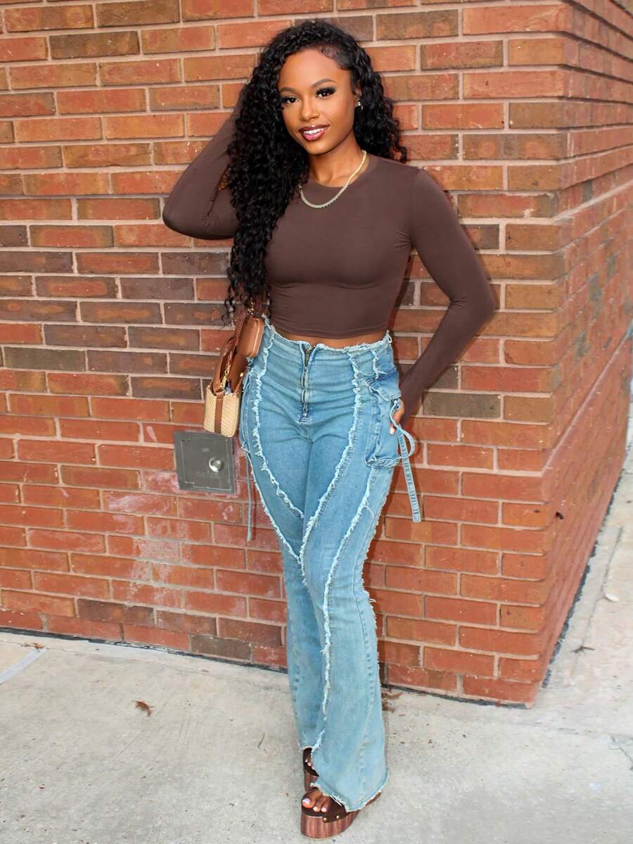 Steph T Camiseta corta de un solo color, ropa de otoño, tops con estilo universitario de manga larga para mujer