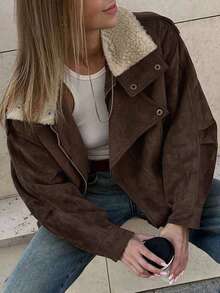 Women's Casual Retro Diagonal Zipper Faux Suede Short Jacket, Lapel Motorcycle Jacket - Brown - View 1