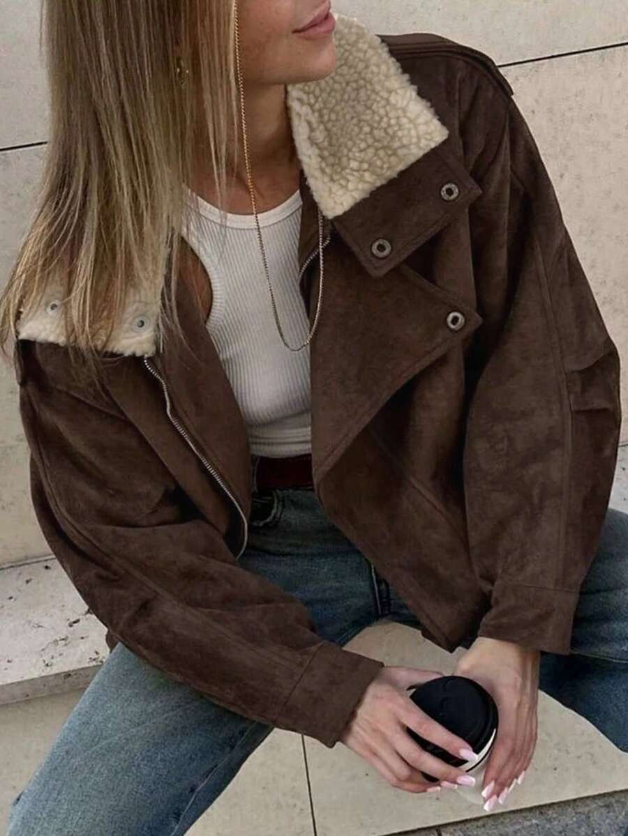 Women's Casual Retro Diagonal Zipper Faux Suede Short Jacket, Lapel Motorcycle Jacket - Brown - View 1